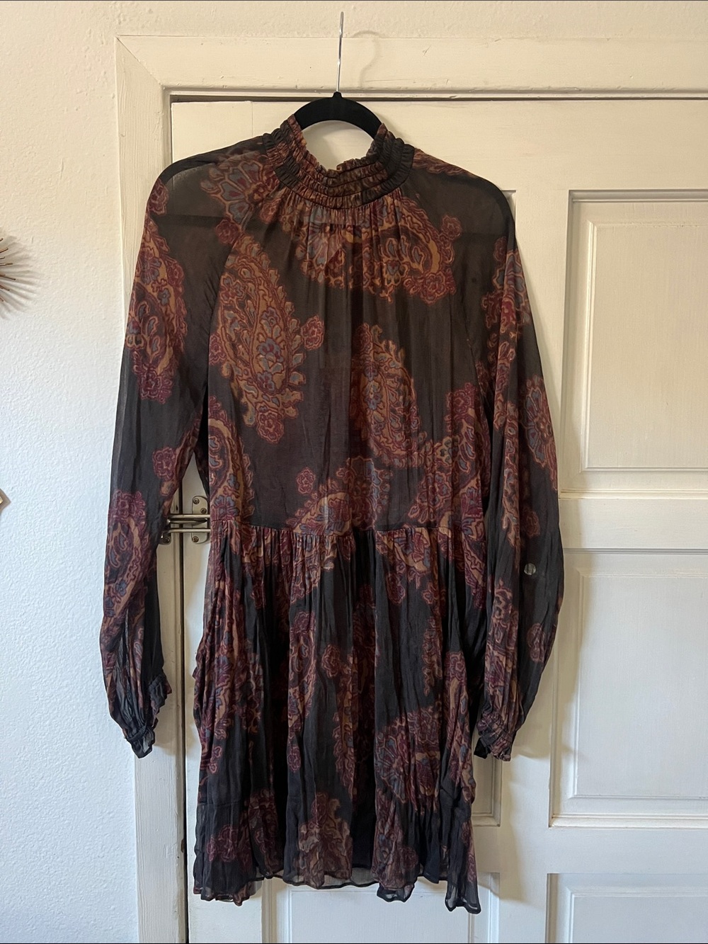 Free People Black Paisley Long Sleeve Smocked Dress